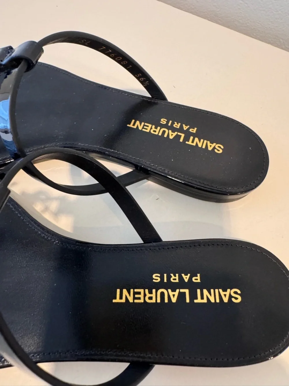 Saint Laurent Black Patent Leather Logo T-Strap Sandals - Picture 6 of 9